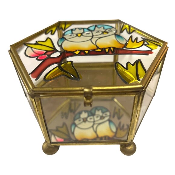 Vtg Brass and Glass Painted Owls on Branch Hexagon Curio Box Mirrored Bottom - Picture 4 of 7